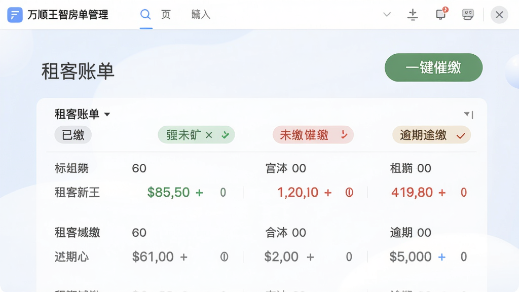 ��˳���ǻ۹ܷ��˵��������棬��ʾһ������˵��б������ѽɡ�δ�ɡ����ڱ�ǩ�������С�һ���߽ɡ���ť��������ͣ��˵��������ɫ�ͺ�ɫ���֣��������Ƴ����ڵ�����