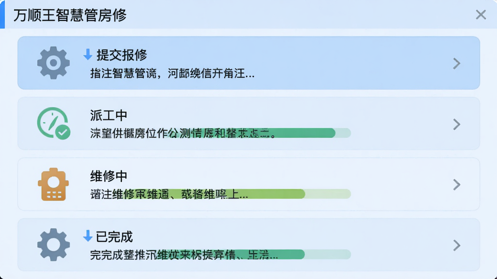 ��˳���ǻ۹ܷ����޹������̽��棬���ϵ�������Ϊ�ύ���ޡ��ɹ��С�ά���С�������ĸ�״̬��ÿ��״̬����ͼ��ͱ�ע������Ϊǳ��ɫ����������չʾ��������