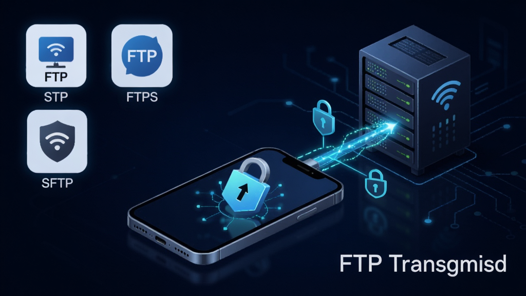 展示手机连接多种协议示意图,左上角有FTP、FTPS、SFTP三个协议图标,中间为手机与服务器之间加密传输线条,背景深色,突出安全与兼容性,软件名称FTP传输显示在右下角