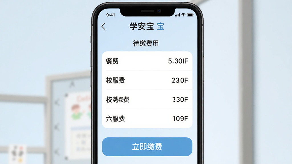 学安宝缴费界面截图,手机屏幕上显示“待缴费用”列表,包含餐费、校服费等条目,下方有“立即缴费”按钮,背景为淡蓝色,整体干净清晰,文字突出,适合教育类应用展示。