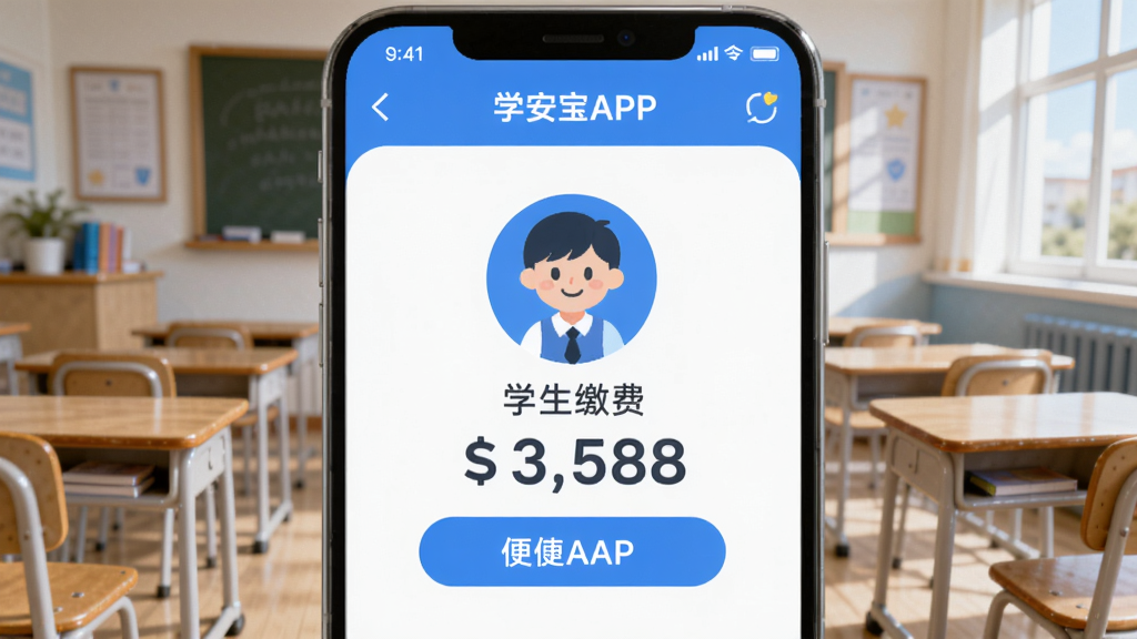 学安宝APP主界面,中央显示学生缴费图标和金额,背景是明亮的教室和课桌,色调以蓝色和白色为主,突出教育、安全、便捷的感觉,适合Boogu模型生成。