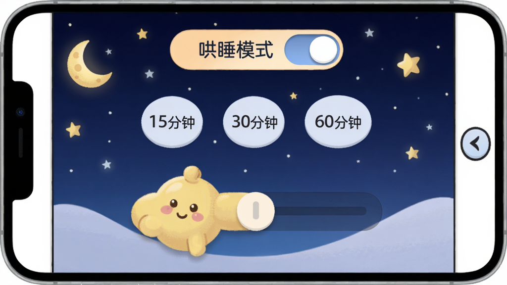 宝宝儿歌设置界面,顶部有“哄睡模式”开关,下方是定时时间选择(15分钟、30分钟、60分钟),背景是夜间星空,月亮形状的滑块。