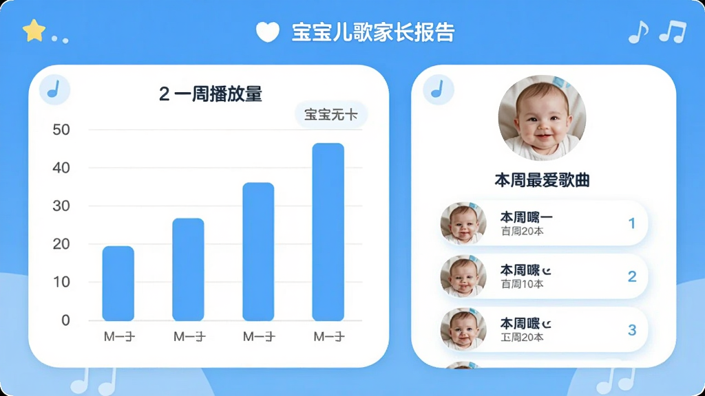 宝宝儿歌家长报告界面,左侧是柱状图显示一周播放量,右侧是宝宝头像和“本周最爱歌曲”列表,整体采用清爽的蓝白配色,信息卡片圆角设计。
