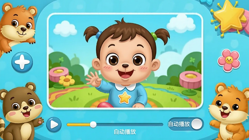 宝宝儿歌播放界面截图,中央是动画画面,底部有播放进度条和“自动播放”开关,周围有卡通动物装饰,整体色彩鲜艳。