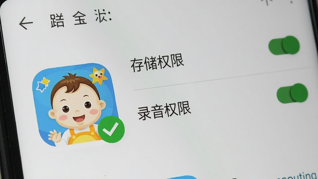 手机屏幕上显示宝宝儿歌应用图标,旁边有一个绿色对勾,背景是安卓系统设置页面,突出显示“存储权限”和“录音权限”开关已打开。