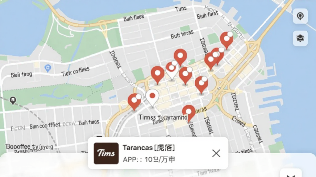 Tims����APP�ŵ��б�ҳ�棬��ͼ����ʾ�����ױ�ǣ��ײ���Ƭչʾ����ŵ���Ϣ������Ϊǳ��ɫ����ͼϸ���������ʺ�Booguģ�����ɡ�