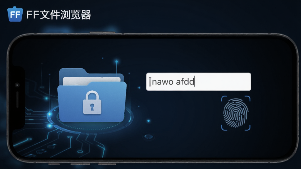 FF文件浏览器安全功能界面,手机屏幕上显示一个带锁的文件夹图标,旁边有密码输入框和指纹识别图案,背景为暗色渐变,有蓝色科技光效,强调隐私保护主题,左上角有“FF文件浏览器”logo。