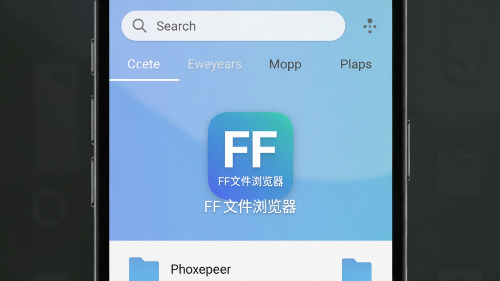 FF文件浏览器主界面预览图,展示手机屏幕上简洁的文件列表,顶部有搜索栏和分类标签,背景为柔和的渐变蓝色,画面中心突出“FF文件浏览器”图标,整体风格清爽现代,适配Boogu模型生成。