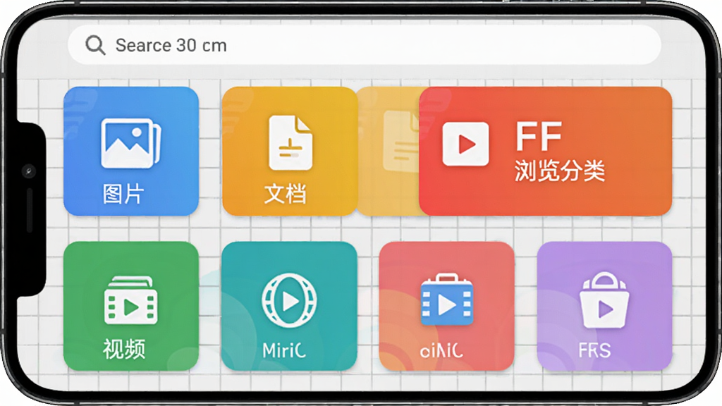 FF文件浏览器智能分类界面,手机屏幕上显示“图片”、“文档”、“视频”等彩色分类卡片,每张卡片带有对应类型的小图标,背景为浅灰色网格,顶部有搜索框,整体色彩明亮饱满,突出“FF文件浏览器”的品牌色。
