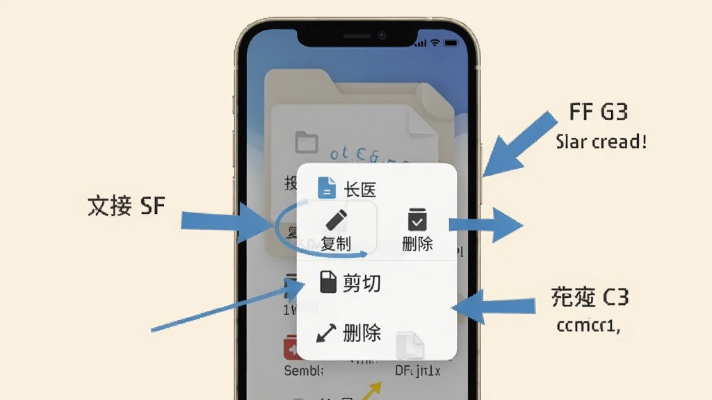 FF文件浏览器操作教程示意图,手机屏幕展示长按文件后弹出的功能菜单,包括复制、剪切、删除等选项,背景为浅色,有箭头指示操作步骤,画面简洁易懂。