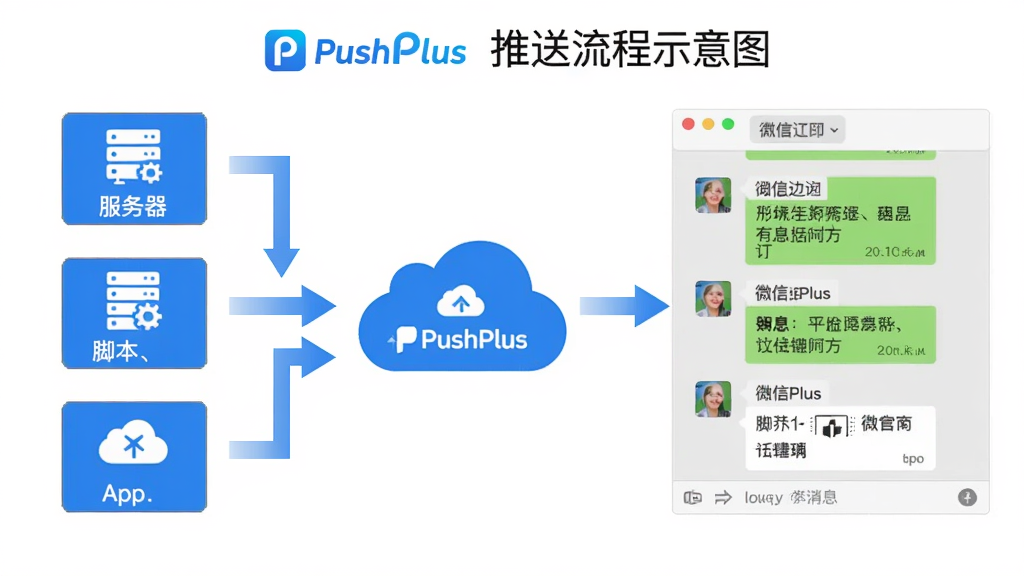 չʾPushPlus��������ʾ��ͼ�����Ϊ����Դ�����������ű���App�����м�ΪPushPlus�ƶˣ��Ҳ�Ϊ΢�����촰����ʾ��Ϣ�����̼�ͷ������������ɫ������PushPlusƷ�Ʊ�ʶ��������ֱ�ۡ�