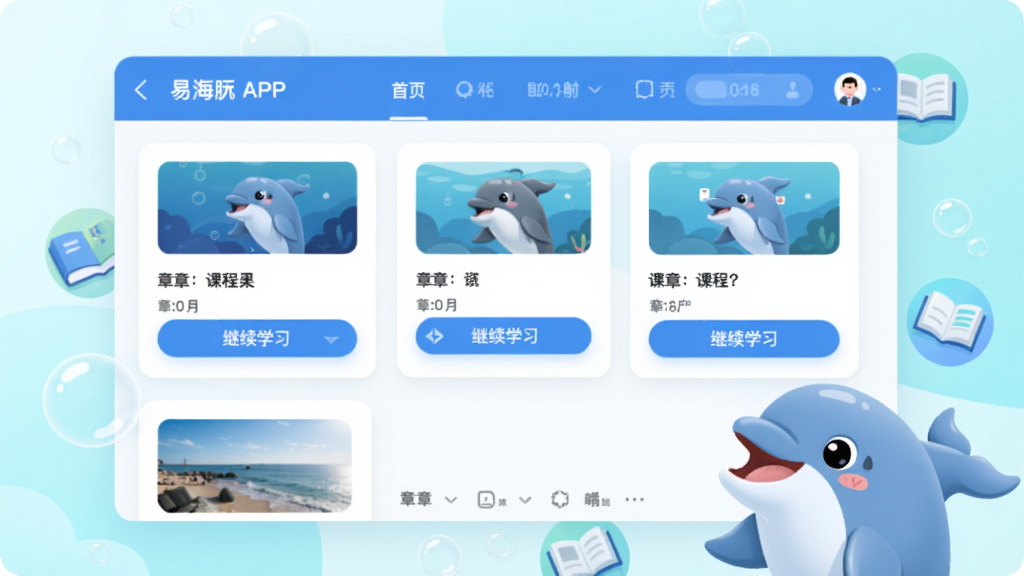 现代扁平UI插画,画面主体(坐标x:0.5,y:0.48)为易海豚APP课程列表页面,蓝色顶部导航栏下排列多张白色课程卡片,卡片上有缩略图、章节数与继续学习按钮,右下角一只卡通海豚助手探头微笑,背景区域(坐标x:0.5,y:0.18)为淡青色渐变并点缀气泡与书本小图标,界面细节清晰,明亮柔和配色