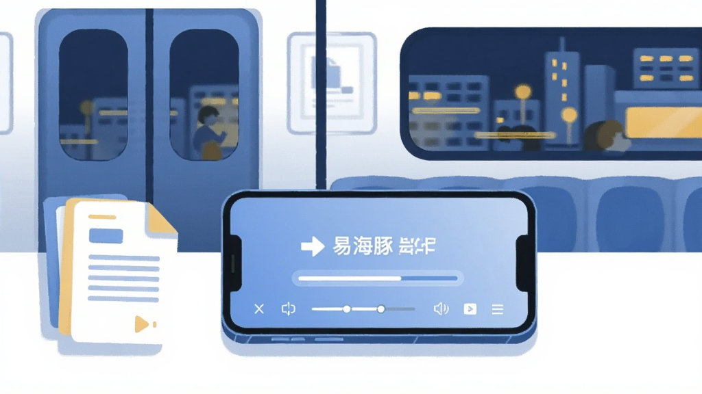 清新扁平插画,画面主体(坐标x:0.4,y:0.55)为一台横放手机正在播放易海豚APP缓存课程,屏幕上方显示下载完成提示与进度条,旁边堆放讲义文件图标;背景区域(坐标x:0.76,y:0.35)为地铁车厢剪影与窗外流动的城市灯光,暗示通勤学习场景,蓝白主色调加入少量暖黄点缀,画面温馨有生活气息
