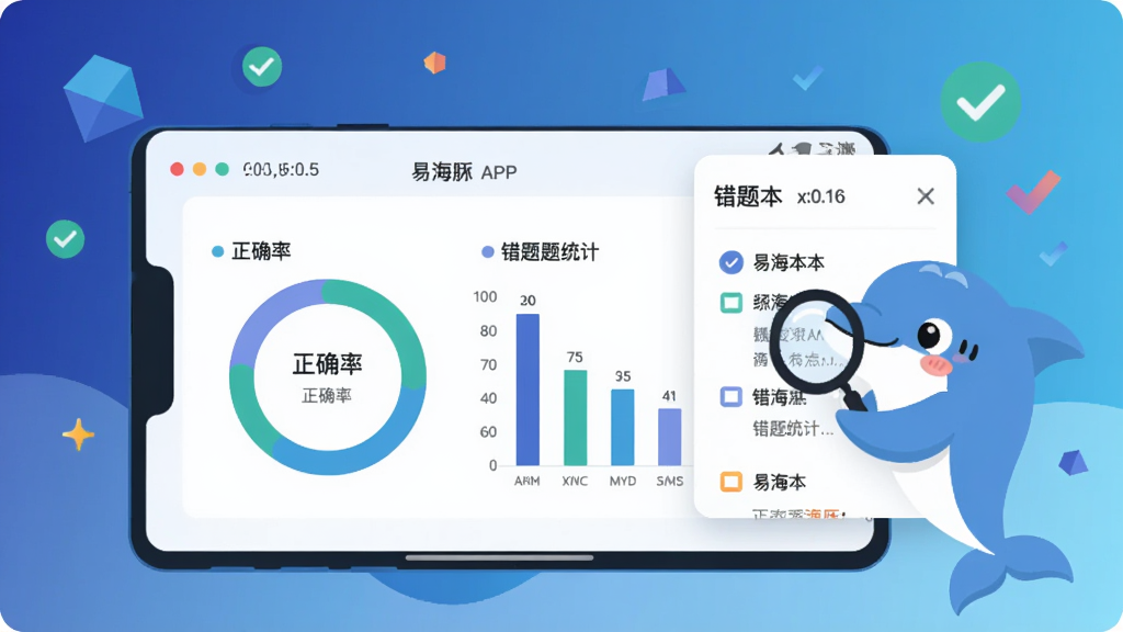 数据可视化风格插画,画面主体(坐标x:0.5,y:0.5)为易海豚APP练习报告页面,屏幕中央显示环形正确率图表与柱状错题统计,右侧弹出错题本卡片,卡通海豚吉祥物举着放大镜检查题目,背景区域(坐标x:0.5,y:0.16)为深蓝到浅蓝渐变并漂浮几何图形与对勾符号,扁平设计,线条干净,色彩层次分明