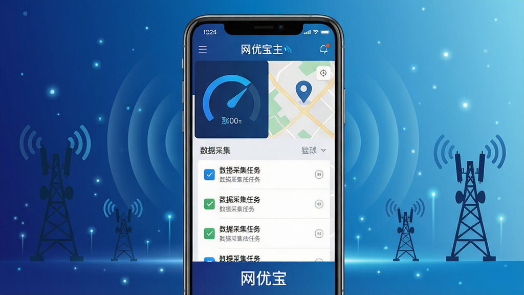 移动端应用产品展示图,画面主体为一部竖屏智能手机置于坐标中央(512,620)处,手机屏幕中清晰展示网优宝主界面,包含蓝色信号强度仪表盘、地图定位标记与数据采集任务列表,屏幕下方印有网优宝名称字样;背景区域(0,0至1024,1280)为深蓝至浅蓝的科技风渐变,散布通信铁塔剪影、扩散的信号波纹与细碎光点,整体为高清扁平化产品宣传图风格,画面干净锐利