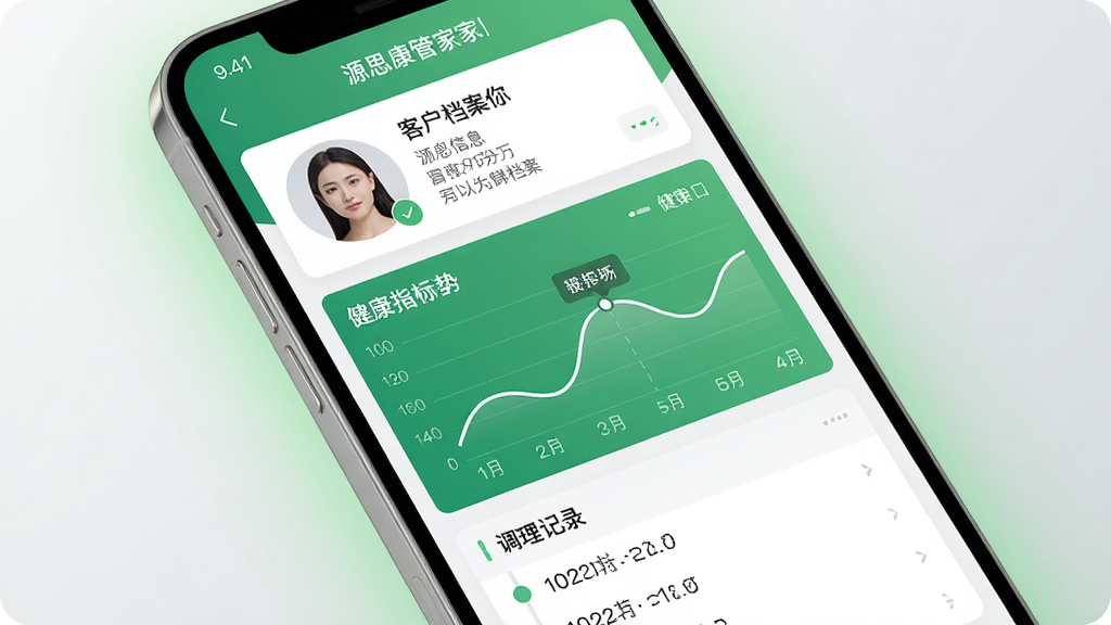 手机屏幕特写展示源思康管家客户档案页面,页面顶部为客户头像与基本信息卡片,中部是绿色调健康指标趋势折线图,底部为调理记录时间轴列表,屏幕周围环绕柔和浅绿色光晕,背景为干净浅灰渐变,扁平化UI设计细节清晰,高清写实