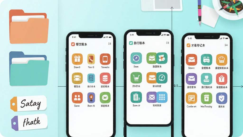才易存记账多账本分类管理功能展示图,画面中央坐标(0.5,0.5)平铺三台手机屏幕,分别展示餐饮账本、旅行账本、家庭账本的彩色分类图标网格,左侧坐标(0.15,0.5)竖排彩色文件夹与手写标签贴纸元素,背景为浅青色渐变办公桌面,扁平插画风格,色彩明快活泼