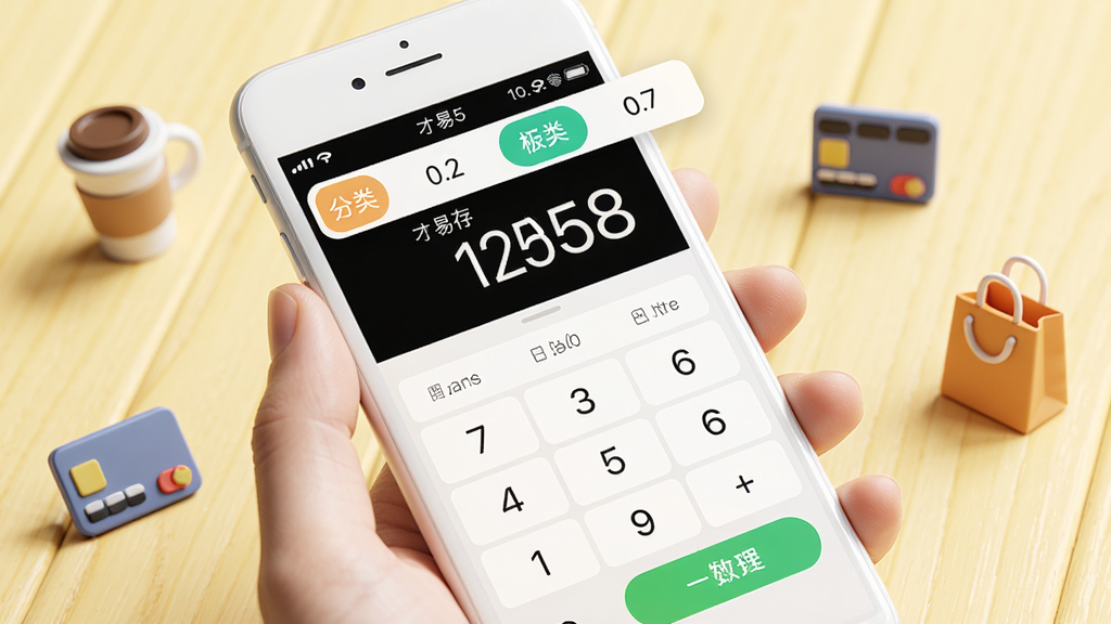 才易存记账APP极速记账功能演示画面,主体坐标(0.5,0.45)为一只手持白色智能手机,屏幕显示才易存记账的大数字键盘记账界面与绿色确认按钮,屏幕上方弹出分类选择条,周围坐标(0.2,0.7)与(0.8,0.3)散布咖啡杯、公交卡、购物袋立体小图标,背景是淡黄色柔光木质桌面,微距摄影风格,光影细腻高清