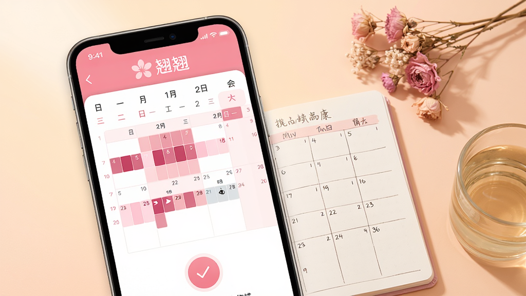 翘翘女性健康App整体界面展示图,画面主体为一部居中偏左竖放的智能手机,占画面约二分之一区域,屏幕中呈现粉白色调的经期日历首页,顶部清晰显示翘翘应用名称与花瓣图标,日历用深浅粉色色块标注经期与排卵日,屏幕下方有圆形打卡按钮,手机右侧背景区域点缀手写日历本、粉色干花与一杯温水,整体背景为柔和的浅杏粉色渐变,光线温暖明亮,写实产品渲染风格,细节清晰