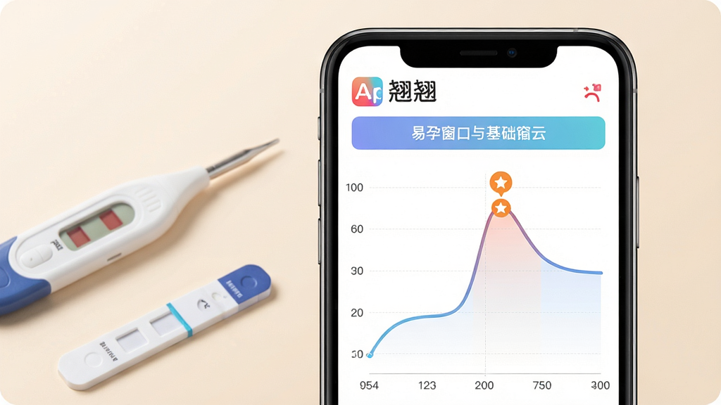 翘翘App备孕排卵分析界面展示图,手机屏幕位于画面正中偏右,屏幕内绘制一条平滑的基础体温曲线图,曲线在排卵日位置出现明显升高并标有星形记号,上方显示翘翘标志与易孕窗口提示横幅,屏幕左侧背景区域放置一支电子体温计与排卵试纸作为前景点缀,背景为干净的浅米色渐变,图表线条细腻,数据可视化风格,清晰写实