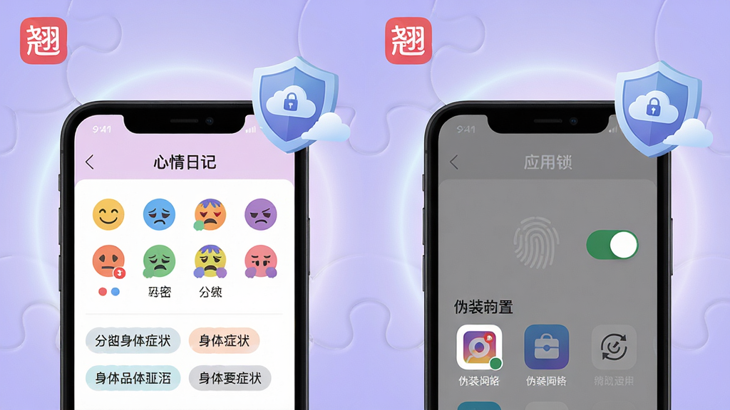 翘翘App私密日记与云端加密功能界面拼图,画面由左右两块手机屏幕组成,左侧屏幕展示心情日记页面,排列着笑脸、疲惫等彩色情绪图标与身体症状标签,右侧屏幕展示应用锁设置页面,显示指纹解锁开关与伪装图标选项,两块屏幕上方均有翘翘应用标识,背景为淡紫色渐变光晕与漂浮的云朵盾牌安全元素,界面扁平清新风格,细节丰富清晰
