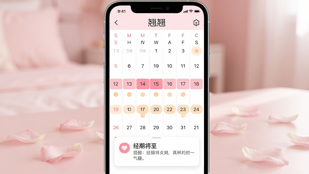 翘翘App经期智能预测功能界面特写,竖屏手机屏幕占据画面中央,屏幕展示一整月的周期日历视图,粉色色块标记经期、淡橙色圆点标记排卵日,顶部标题栏带有翘翘字样,日历下方弹出经期将至的提醒卡片,背景为虚化的浅粉色卧室桌面并散落几片花瓣,界面元素清晰锐利,扁平化UI设计风格,光线柔和