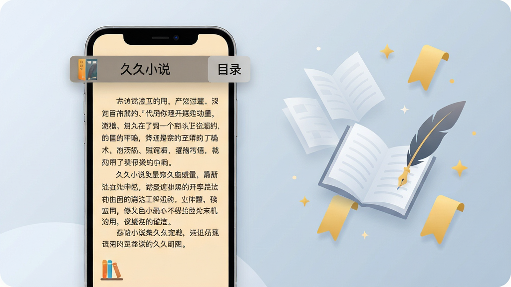 久久小说APP整体界面概念插画,画面主体为一部竖屏智能手机位于画面中央偏左坐标位置,屏幕内展示小说阅读器页面,米黄色护眼底色上排布整齐的深色正文段落,顶部悬浮书名栏与目录按钮,屏幕下方有书架图标;背景区域为浅蓝灰渐变,右侧留白处点缀半透明漂浮书页、羽毛笔、金色书签与微小星光元素,扁平风格插画,柔和光影过渡,细节清晰锐利,横幅构图