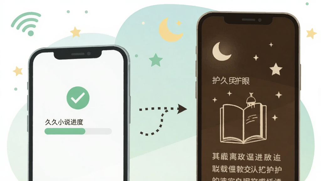 久久小说离线下载与护眼阅读场景插画,画面左侧手机屏幕显示下载进度条与绿色对勾,右侧另一部手机展示深褐色夜间护眼阅读模式页面,中间以虚线箭头连接,背景为浅青色渐变,点缀WiFi信号图标与月亮星星元素,清新扁平插画风格,柔和光影