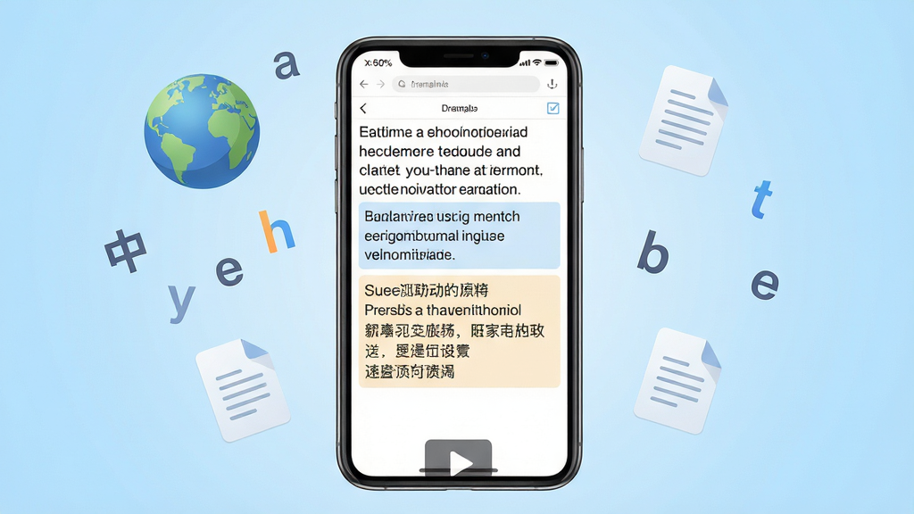 沉浸式翻译软件全貌预览,画面主体是一部竖屏智能手机,位于画面坐标中心(X:50%,Y:42%)区域,屏幕中展示双语并行翻译网页界面,英文原文下方紧贴中文译文并以淡色块区隔,手机周围背景为浅蓝色渐变,漂浮地球仪、中英文字符与文档图标元素,底部点缀字幕播放符号,整体为明亮清爽的科技风插画,构图平衡,细节清晰,高分辨率渲染