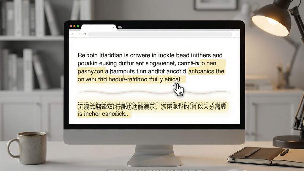 沉浸式翻译双语并行显示功能演示画面,画面主体为坐标中心(X:50%,Y:40%)的电脑浏览器窗口,网页英文段落下方紧贴淡黄色高亮的中文译文,段落间有柔和分隔线,鼠标悬停在段落上,背景为虚化的浅灰色书房,桌面摆放咖啡杯与笔记本,暖色灯光氛围,写实风格,细节丰富