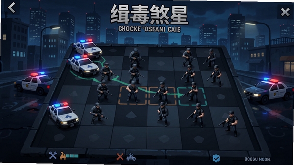 提示词:缉毒煞星游戏主界面,画面中央是战术棋盘,方格上分布着警车、毒贩模型,背景为城市夜景,色调偏冷,适配Boogu模型生成。
