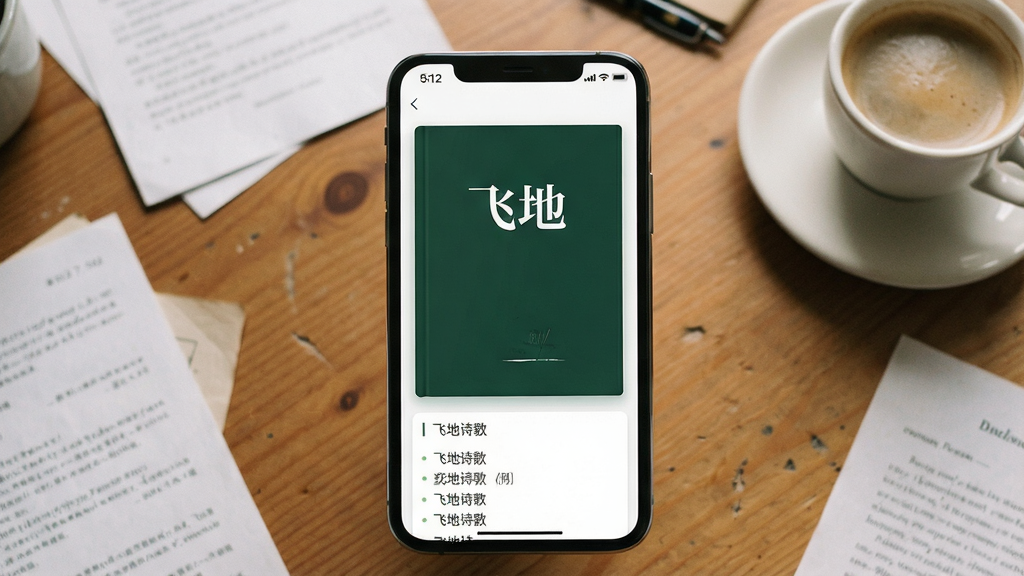 一张文学类手机应用预览图,画面主体为一部竖立的智能手机,位于画面中央坐标(x:512,y:512)处,约占画面55%区域,手机屏幕显示“飞地”应用界面,深墨绿色封面上有白色“飞地”二字与诗歌文章列表,背景为暖木色书桌区域,位于画面四周,散落几页纸张与一杯咖啡,柔和自然光,真实摄影风格,细节细腻