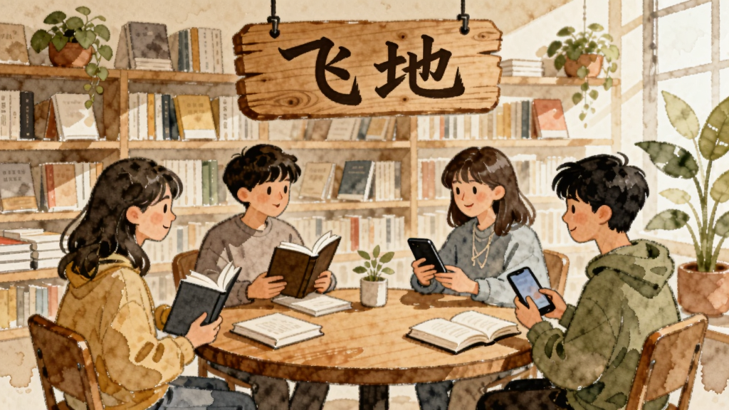 文学社区互动场景插画,画面中央坐标(x:512,y:512)处为一张圆形讨论桌,几位年轻人手捧书籍与手机交谈,上方悬挂“飞地”木质招牌,背景为书店书架墙与绿植点缀,温暖明亮水彩风格,边缘柔和