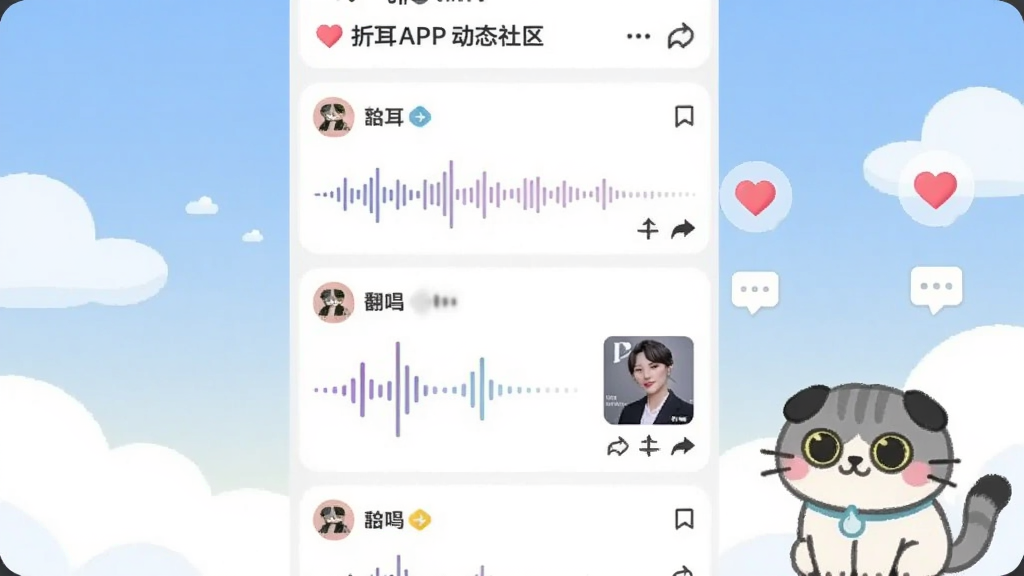 折耳APP动态社区页面,画面中央为瀑布流式动态卡片,卡片内有语音波形条与翻唱封面缩略图,右侧悬浮点赞爱心与评论气泡,一只折耳猫吉祥物坐在屏幕右下角,背景为清晨浅蓝色天空与柔软云朵,整体风格清新治愈,扁平插画风格