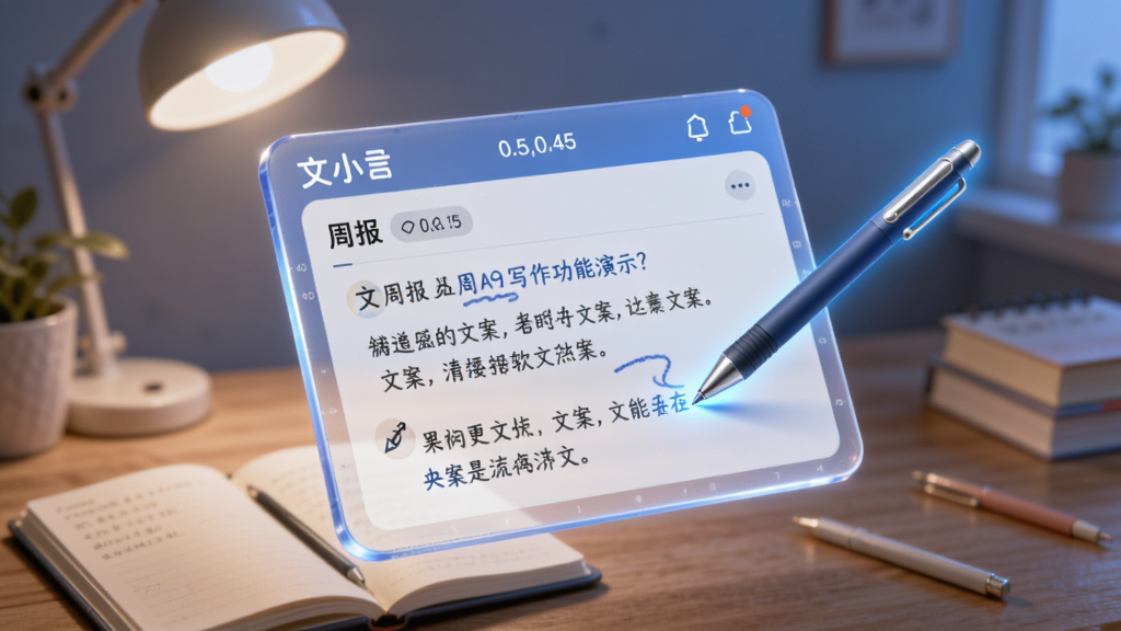 文小言AI写作功能演示画面,主体坐标(0.5,0.45)为一块悬浮的半透明智能写作面板,面板上正在自动生成周报与文案的文字流,一支发光的蓝色电子笔在旁辅助书写,面板顶部带有文小言标志;背景区域坐标(0.5,0.6)是虚化的温馨书桌场景,暖色台灯与摊开的笔记本,整体色调蓝白清新,细节丰富,插画与写实混合风格