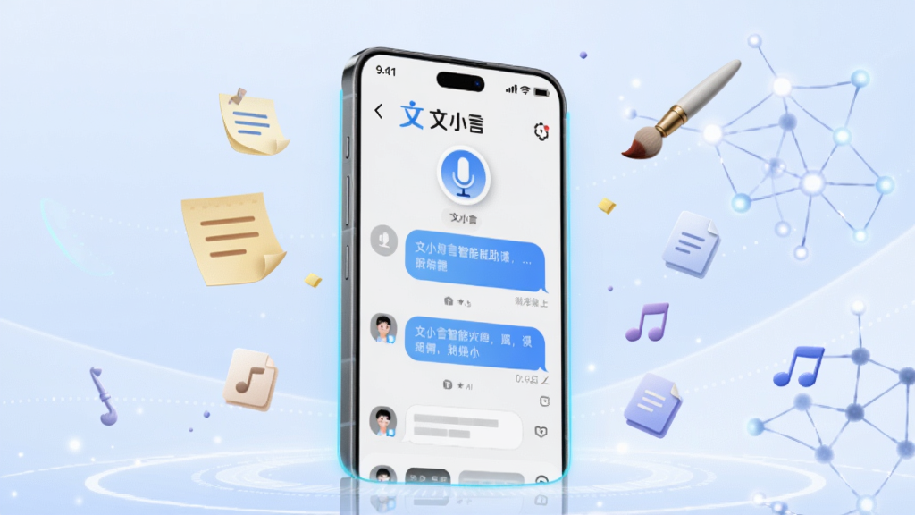 文小言AI智能助手产品宣传图,画面主体位于坐标(0.45,0.5):一台竖立的深空灰智能手机,屏幕展示文小言蓝白配色的对话界面,顶部有文小言标志与圆润的语音球图标,屏幕边缘泛出淡蓝色光晕,手机四周漂浮便签卡片、画笔、文档与音符小图标;背景区域坐标(0.5,0.5)铺满柔和的浅蓝到白色渐变科技空间,远处点缀细腻的神经网络光点与弧线,构图干净通透,高清产品级渲染风格