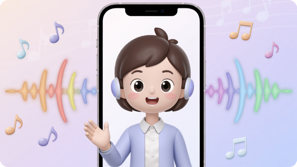 文小言语音通话与数字人功能展示,画面主体坐标居中,手机屏幕上呈现一位微笑的卡通数字人正在说话,彩色声波波纹从屏幕向外扩散,背景区域为柔和的淡紫色渐变并漂浮音符图标,整体氛围温馨,高清画质