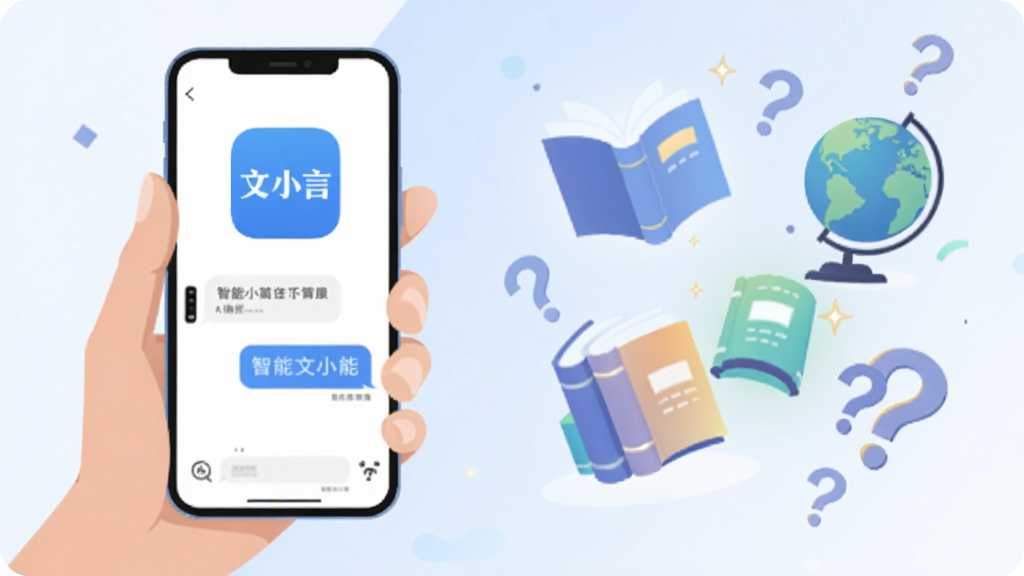 文小言APP智能问答功能演示画面,画面主体位于左侧坐标位置,一只手举着手机,屏幕上显示文小言蓝色标识与问答聊天气泡,右侧背景区域漂浮着发光的书本、地球仪与问号图标,浅蓝白色调,扁平插画风格,细节丰富