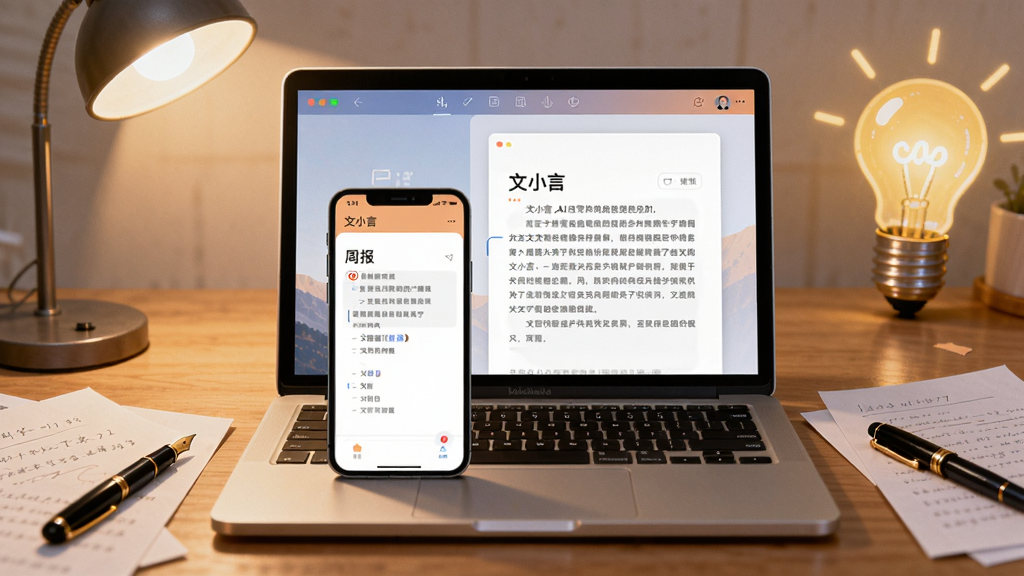 文小言AI写作功能场景图,画面中央坐标为办公桌上的笔记本电脑与手机联动界面,屏幕显示文小言正在逐行生成周报文档,背景区域散落着纸张、钢笔与发光的灵感灯泡元素,暖白色灯光氛围,写实与插画结合风格