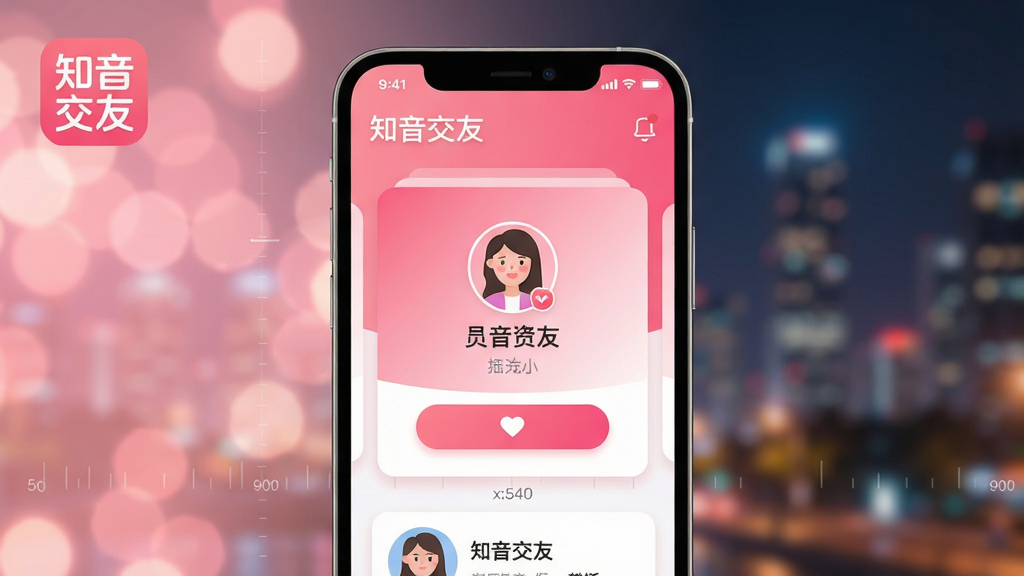 现代手机交友应用界面展示图,画面中心坐标(x:540,y:900)处展示知音交友APP主界面,粉白相间的渐变推荐卡片,屏幕上清晰显示用户头像资料与心动按钮,左上角带有知音交友四个字的标志,背景为柔和的粉色光斑与虚化的城市夜景,扁平化UI设计风格,光线温暖明亮,高清细节