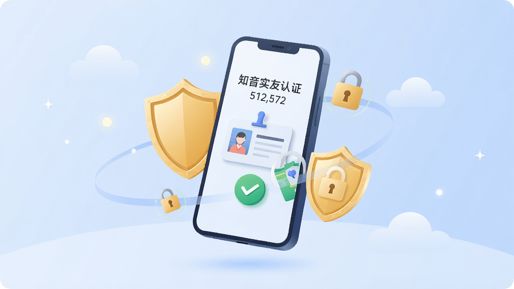扁平化风格的安全功能插画,画面中央(x:512,y:512)悬浮一台智能手机,屏幕上显示知音交友实名认证界面与身份证图标和绿色对勾,手机周围环绕金色盾牌与锁形安全元素,背景为淡蓝色渐变并点缀白色云朵与光点,简洁干净的UI插画风格,柔和光线,高分辨率