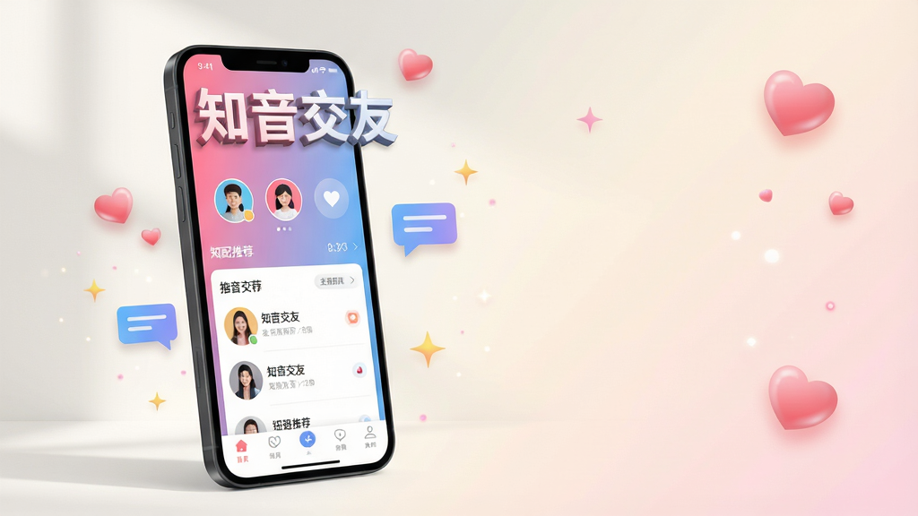 知音交友手机应用整体宣传图,画面主体为一部竖立的深空灰色智能手机,位于画面中央偏左约三分之一处,屏幕亮起展示粉蓝渐变色调的APP首页,可见圆形用户头像卡片、匹配推荐列表与底部导航栏,屏幕上方悬浮