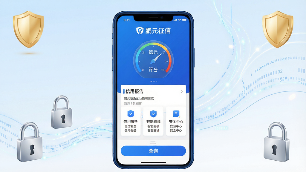 一张手机应用宣传图,画面中央坐标(512,512)位置竖立一部深蓝色边框智能手机,屏幕清晰显示鹏元征信应用主界面,界面顶部为蓝色品牌标识与圆形信用评分仪表盘,屏幕中部排列信用报告、智能解读、安全中心三张白色功能卡片,底部为蓝色查询按钮;背景区域为浅蓝到白色的柔和渐变,画面四角点缀金色盾牌、银色挂锁与流动的数据光线,整体构图简洁专业,突出鹏元征信安全可信的金融服务气质,高清细节渲染