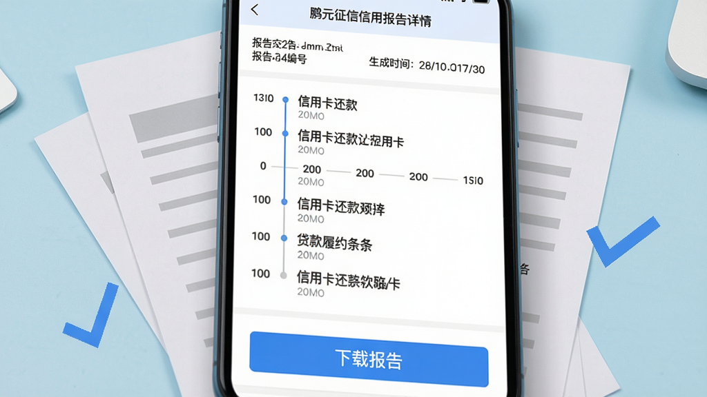 手机屏幕特写画面,屏幕中展示鹏元征信信用报告详情页,页面顶部标注报告编号与生成时间,中部以时间轴形式罗列信用卡还款与贷款履约条目,底部为蓝色下载报告按钮;屏幕周围环绕浅灰色文档纸张与蓝色对勾符号,背景为柔和的浅蓝色办公桌面,画面干净清晰,突出报告内容的完整与权威