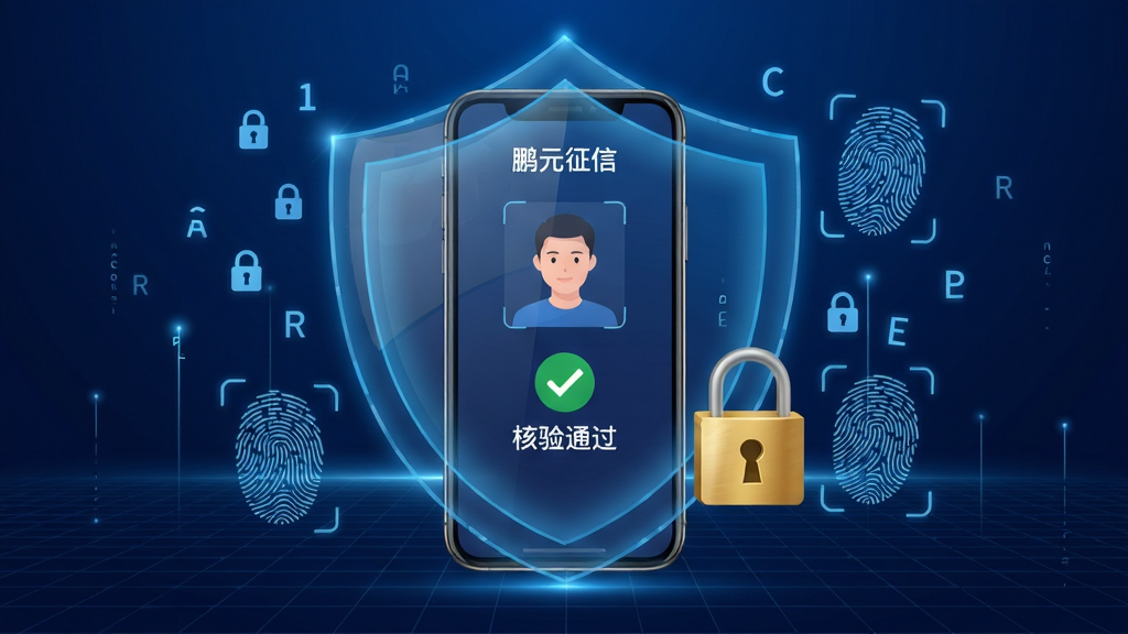 安全主题概念图,画面主体坐标居中位置为一部智能手机,屏幕显示鹏元征信人脸识别核验界面,绿色对勾提示核验通过;手机外围环绕半透明蓝色能量盾牌与金色挂锁,四周漂浮加密字符与指纹纹路光效,背景为深蓝色渐变空间并点缀细密网格线,整体氛围沉稳可靠,体现鹏元征信对个人信息安全的严密防护