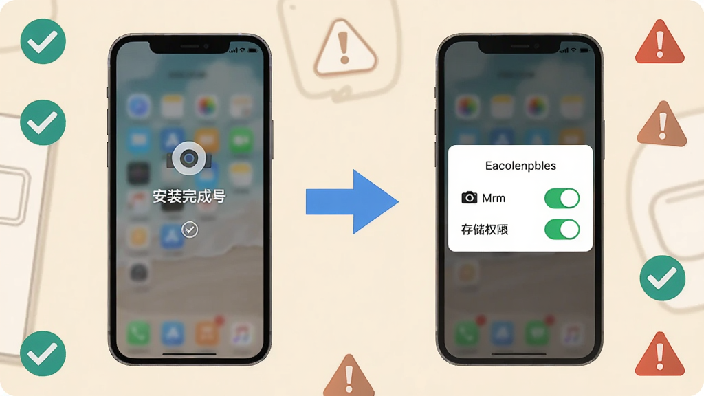 教程示意画面,左侧为手机安装完成提示界面,右侧为权限设置弹窗,相机与存储权限开关呈开启状态,中间用蓝色箭头连接;背景为浅米色桌面,画面四周点缀对勾图标与警示三角标志,风格清晰直白,帮助用户快速理解安装与授权流程
