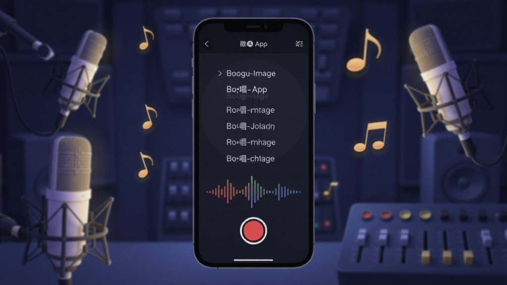 Boogu-Image生成,画面主体为微唱App录音主界面手机,置于画面中央坐标(0.5,0.42)处,手机屏幕清晰显示滚动歌词、动态声波波形与红色圆形录音按钮,背景区域为深蓝色录音棚,四周分布柔和发光的电容麦克风、漂浮的金色音符与虚化的调音台轮廓,现代扁平插画风格,柔和光影,细节丰富