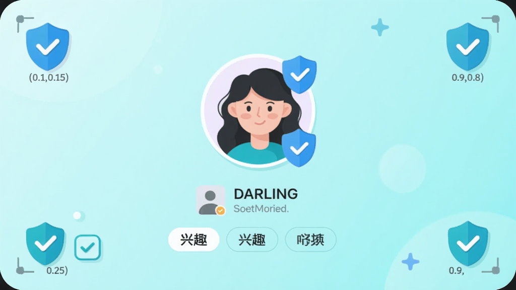 现代UI界面插画,画面中央坐标(0.5,0.5)展示Darling社交软件的个人主页认证页面,头像右上角带有蓝色盾牌真人认证徽章,下方排列实名标识与兴趣标签胶囊;背景为浅青色渐变,四角坐标(0.1,0.15)与(0.9,0.8)点缀盾牌图标与勾选符号装饰元素,扁平风格,线条圆润流畅,色彩清新明亮