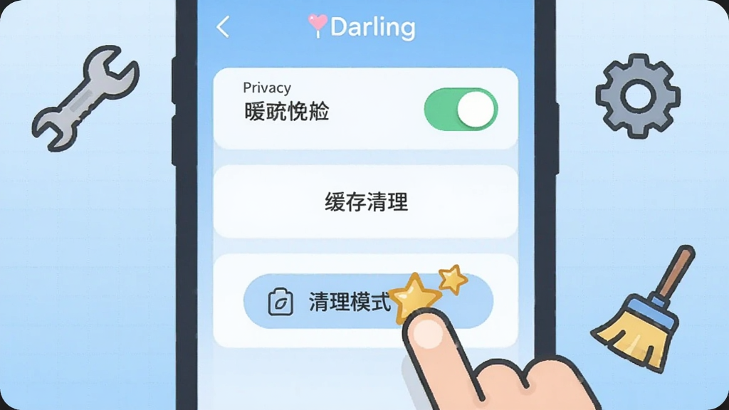 扁平矢量插画,画面中央坐标(0.5,0.5)特写一部手机屏幕,展示Darling应用设置页面,竖排的隐私权限开关、缓存清理按钮与省流模式选项,一只卡通手指正点击清理缓存按钮并弹出金色小星星反馈;屏幕外围坐标(0.12,0.7)与(0.88,0.3)漂浮扳手、齿轮与扫帚清洁图标;背景为淡蓝色渐变细网格纹理,风格清爽简洁,线条圆润