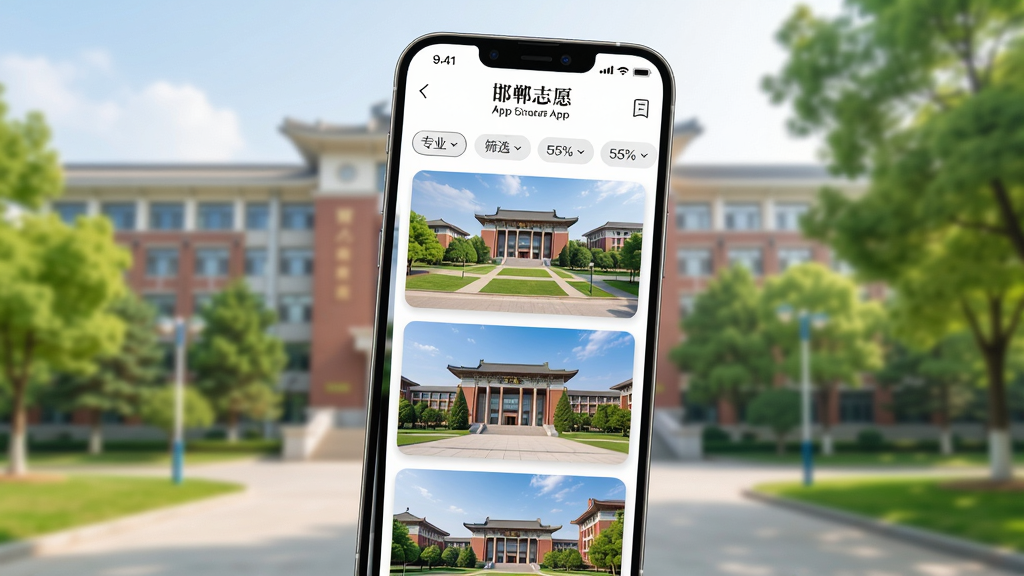 ����־ԸAppԺУ��ҳ��չʾͼ����Ļ�г��ֶ��Ŵ�ѧУ԰ʵ����Ƭ��Ƭ��רҵɸѡ��ǩ�˵����ֻ�΢��15�����ڻ�����������(48%,55%)������Ϊ�黯�Ĵ�ѧ��ѧ¥����������������ɫ����дʵϸ����